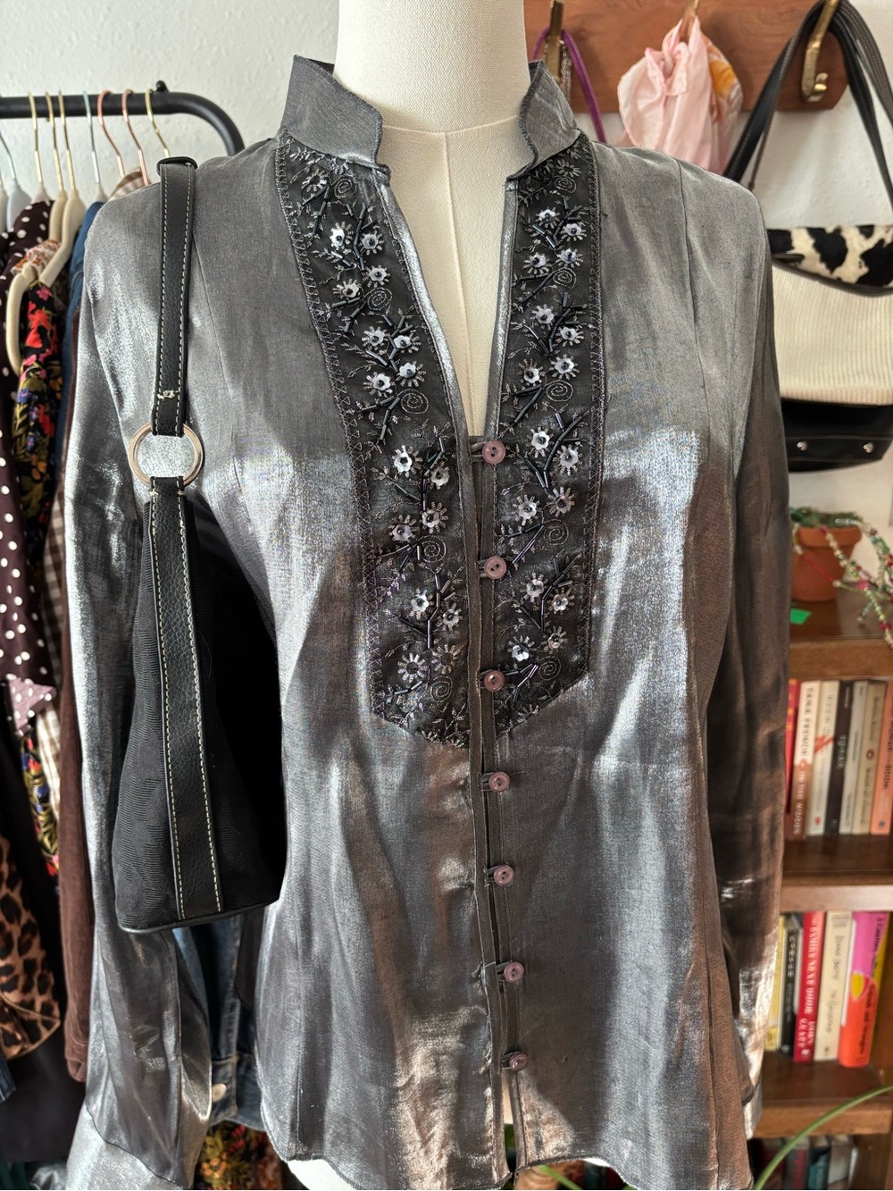 vintage 90s/y2k dressbarn metallic blouse with black floral beading whimsical